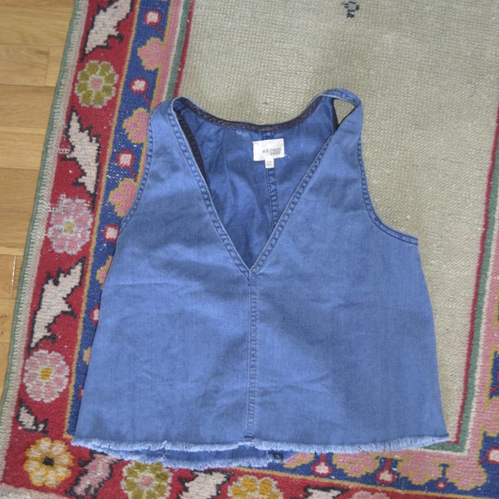 blue light denim  v neck top with bottom fringe from wilfred free